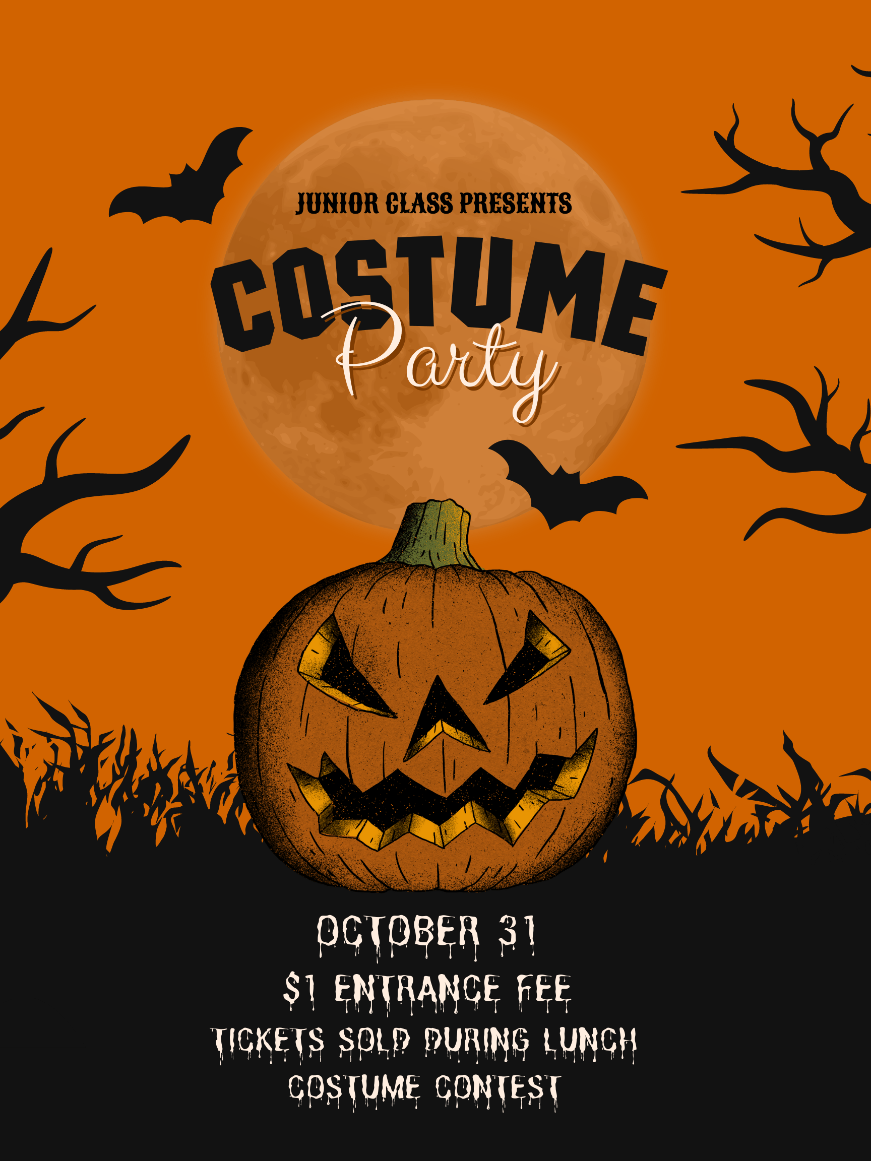 Flyer showcasing Costume Party on October 31st hosted by the Junior Class